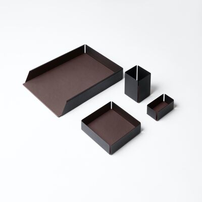 Desk Set Dafne Steel Structure Black and Real Leather Dark Brown - Including Valet Tray, Pen Holder, Paper Tray, Business Card Holder