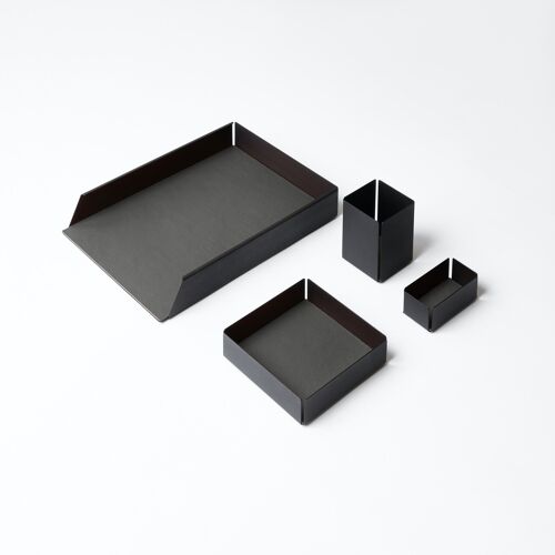 Desk Set Dafne Steel Structure Black and Real Leather Anthracite Grey - Including Valet Tray, Pen Holder, Paper Tray, Business Card Holder