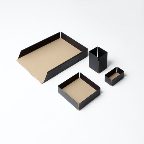 Desk Set Dafne Steel Structure Black and Real Leather Beige - Including Valet Tray, Pen Holder, Paper Tray, Business Card Holder