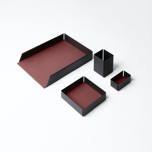 Desk Set Dafne Steel Structure Black and Real Leather Burgundy Red - Including Valet Tray, Pen Holder, Paper Tray, Business Card Holder