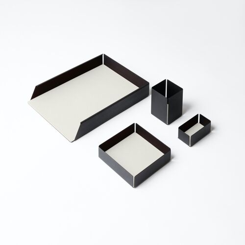 Desk Set Dafne Steel Structure Black and Real Leather White - Including Valet Tray, Pen Holder, Paper Tray, Business Card Holder