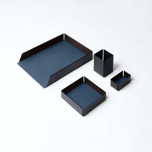 Desk Set Dafne Steel Structure Black and Real Leather Blue - Including Valet Tray, Pen Holder, Paper Tray, Business Card Holder