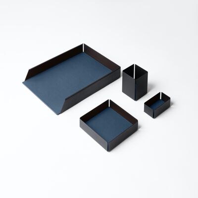 Schreibtischset Dafne Stahlkonstruktion Schwarz und Echtleder Blau - Inklusive Ablage, Stifthalter, Papierablage, Visitenkartenhalter