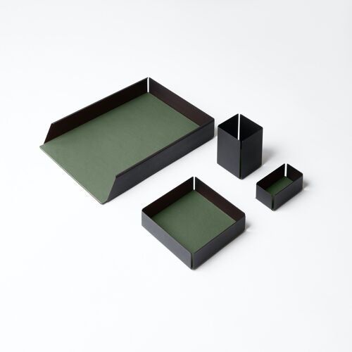 Desk Set Dafne Steel Structure Black and Real Leather Green - Including Valet Tray, Pen Holder, Paper Tray, Business Card Holder