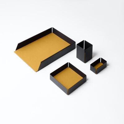 Schreibtischset Dafne Stahlkonstruktion Schwarz und Echtleder Gelb - Inklusive Tablett, Stifthalter, Papierablage, Visitenkartenhalter