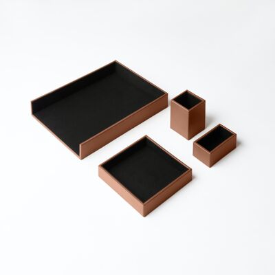 Desk Set Minerva Bonded Leather Orange Brown - Including Valet Tray, Pen Holder, Paper Tray, Business Card Holder