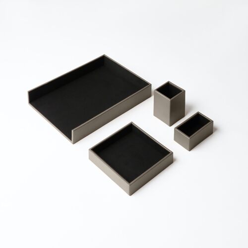 Desk Set Minerva Bonded Leather Taupe Grey - Including Valet Tray, Pen Holder, Paper Tray, Business Card Holder