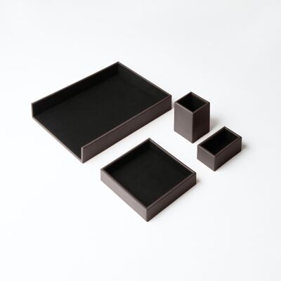 Desk Set Minerva Bonded Leather Dark Brown - Including Valet Tray, Pen Holder, Paper Tray, Business Card Holder