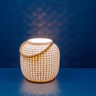 Lampe de table en porcelaine au design de lanterne blanche | Style contemporain & oriental | Veilleuse | Sculpté à la main | Fini mat en blanc