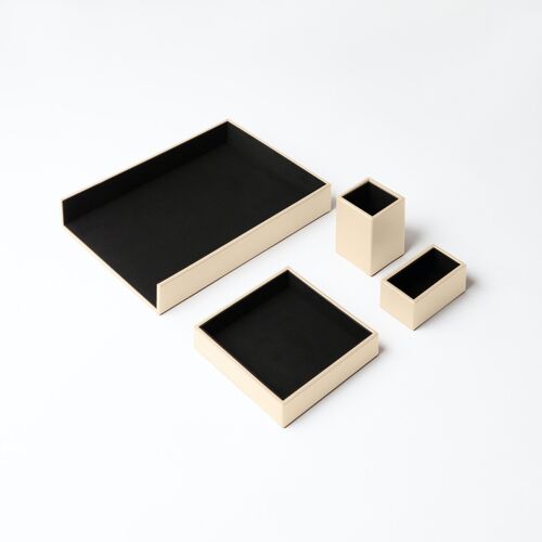 Desk Set Minerva Bonded Leather Beige - Including Valet Tray, Pen Holder, Paper Tray, Business Card Holder