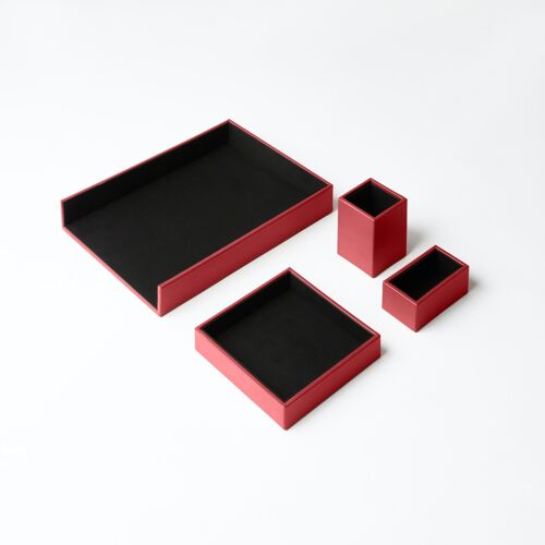 Desk Set Minerva Bonded Leather Ferrari Red - Including Valet Tray, Pen Holder, Paper Tray, Business Card Holder
