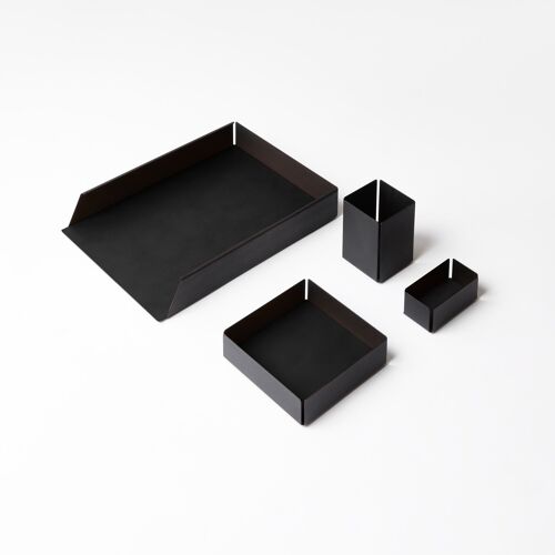 Desk Set Moire Steel Structure Black and Bonded Leather Black - Including Valet Tray, Pen Holder, Paper Tray, Business Card Holder