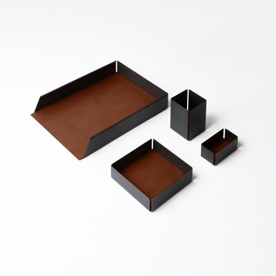 Desk Set Moire Steel Structure Black and Bonded Leather Orange Brown - Including Valet Tray, Pen Holder, Paper Tray, Business Card Holder