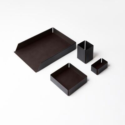 Desk Set Moire Steel Structure Black and Bonded Leather Dark Brown - Including Valet Tray, Pen Holder, Paper Tray, Business Card Holder
