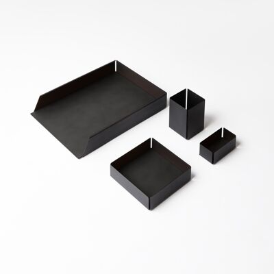 Desk Set Moire Steel Structure Black and Bonded Leather Anthracite Grey - Including Valet Tray, Pen Holder, Paper Tray, Business Card Holder
