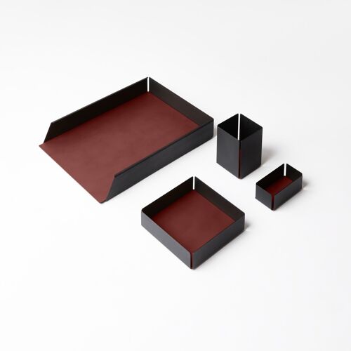Desk Set Moire Steel Structure Black and Bonded Leather Burgundy Red - Including Valet Tray, Pen Holder, Paper Tray, Business Card Holder