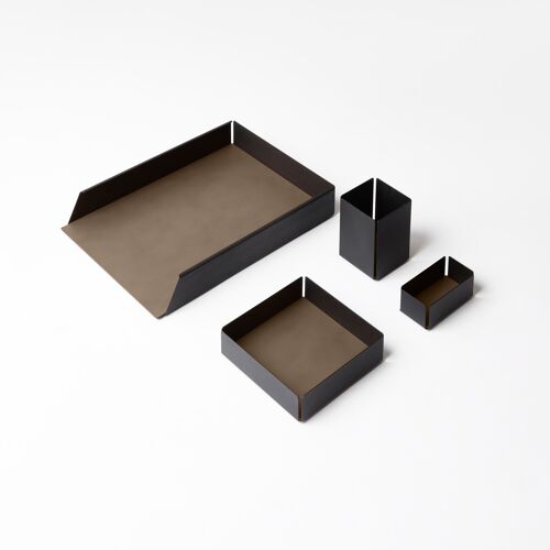 Desk Set Moire Steel Structure Black and Bonded Leather Dove Grey - Including Valet Tray, Pen Holder, Paper Tray, Business Card Holder
