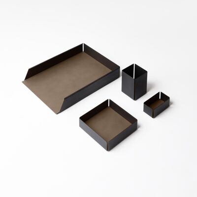 Desk Set Moire Steel Structure Black and Bonded Leather Dove Grey - Including Valet Tray, Pen Holder, Paper Tray, Business Card Holder