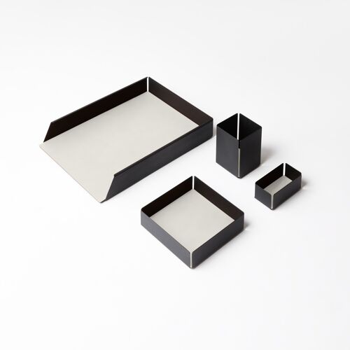Desk Set Moire Steel Structure Black and Bonded Leather White - Including Valet Tray, Pen Holder, Paper Tray, Business Card Holder