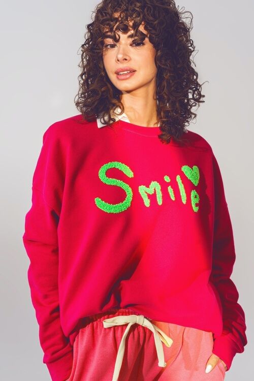 Oversized Smile Text Sweatshirt in fuscia