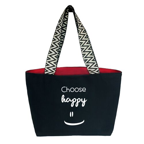 Hello-Bags. Bolso de loneta premium para mujer. Modelo: Choose Happy. Color: Negro. Incluye cremallera exterior, bolsillo interior con cremallera y forro de lona rojo. Empaquetado para regalo. 50x30 cm.