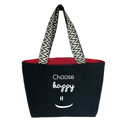 Hello-Bags. Premium canvas bag for women. Model: Choose Happy. Colour: Black. Includes exterior zipper, interior zippered pocket, and red canvas lining. Gift packed. 50x30cm.