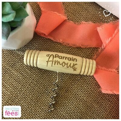 Wooden corkscrew engraved "Godfather of Love" (Pregnancy, Birth, Baptism, wine, oenology)