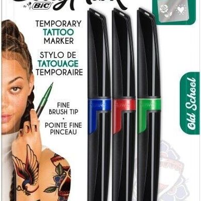 3 stylos BodyMark assortis "Old School" + 2 feuilles pochoirs pour tatouage temporaire