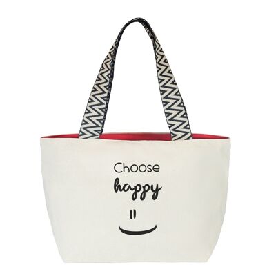 Hello-Bags. Premium canvas bag for women. Model: Choose Happy. Colour: Ecru. Includes exterior zipper, interior zippered pocket, and red canvas lining. Gift packed. 50x30cm.