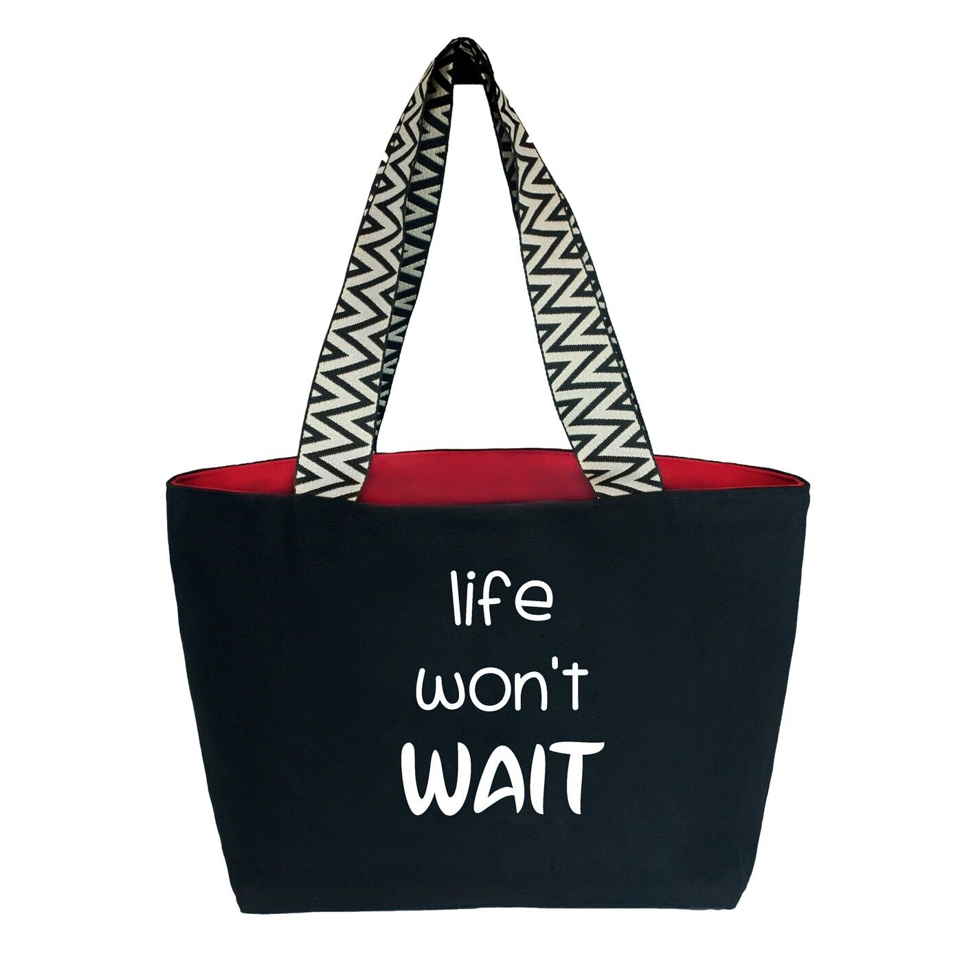 Ciao-Borse. Borsa di tela premium da donna. Modello: La vita non aspetta. Colore: nero. Include cerniera esterna, tasca interna con cerniera e fodera in tela rossa. Confezione regalo. 50x30 cm.