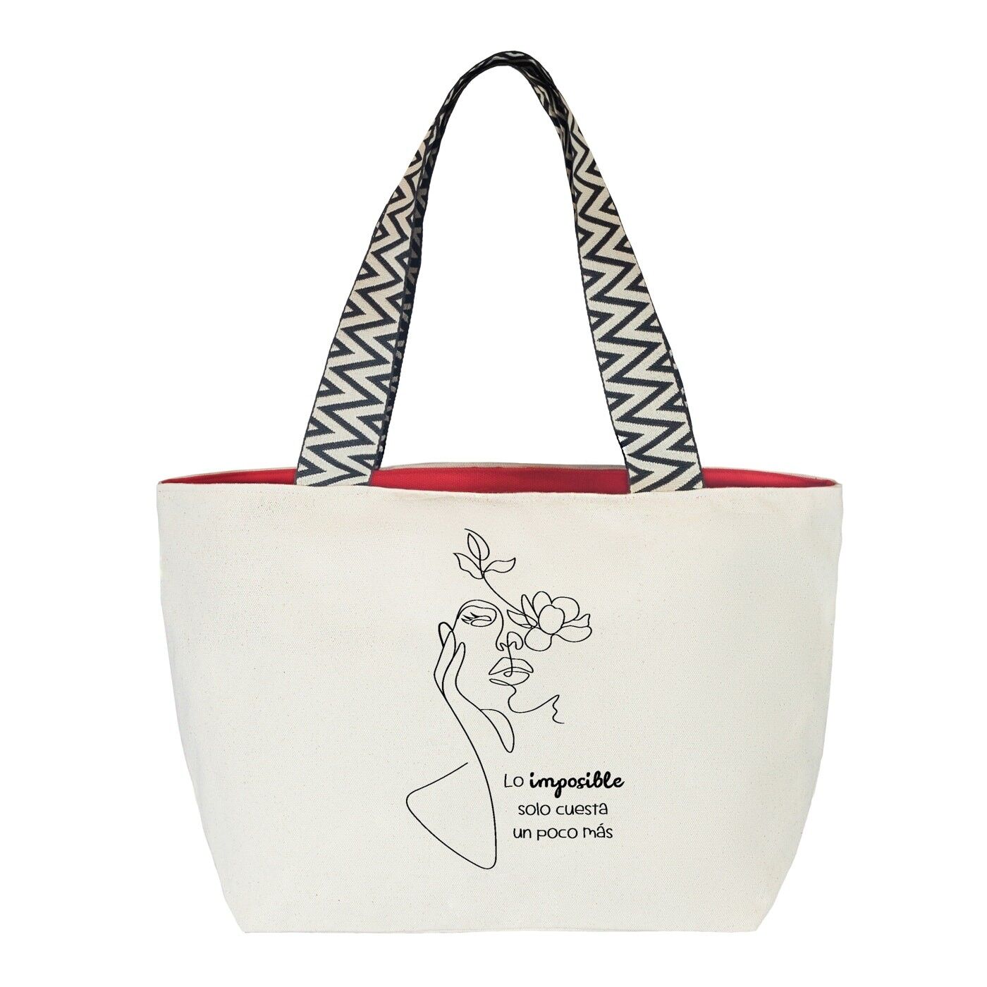 Ciao-Borse. Borsa di tela premium da donna. Modello: L'impossibile. Colore: Ecrù. Include cerniera esterna, tasca interna con cerniera e fodera in tela rossa. Confezione regalo. 50x30 cm.