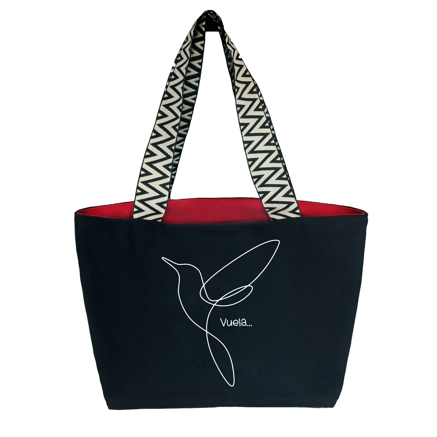 Ciao-Borse. Borsa di tela premium da donna. Modello: Vola. Colore: nero. Include cerniera esterna, tasca interna con cerniera e fodera in tela rossa. Confezione regalo. 50x30 cm.