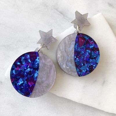 Boucles d'oreilles pendantes phase de lune - violet, lilas et bleu