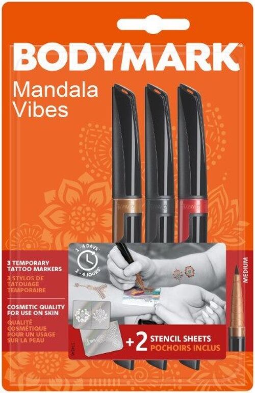 3 stylos BodyMark assortis "Mandala Vibes" + 2 feuilles pochoirs pour tatouage temporaire