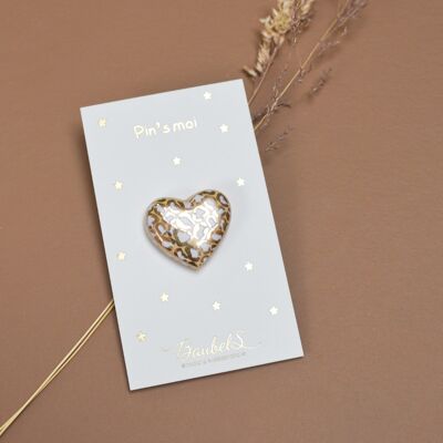 White & gold leopard heart pin - porcelain