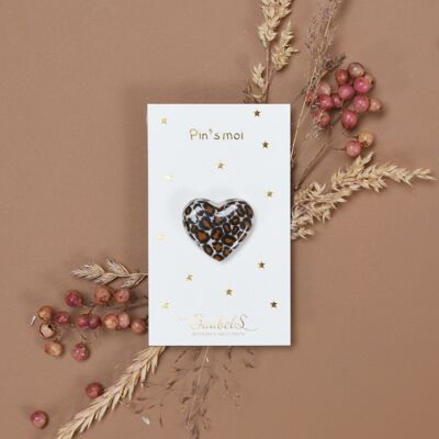 Brown & black leopard heart pin - porcelain