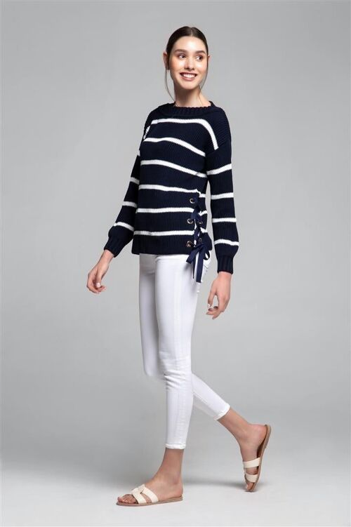 Monaco striped cotton sweater with metal eyelets in midnight blue