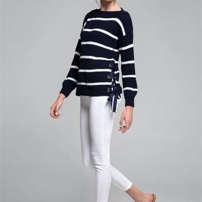 Monaco striped cotton sweater with metal eyelets in midnight blue