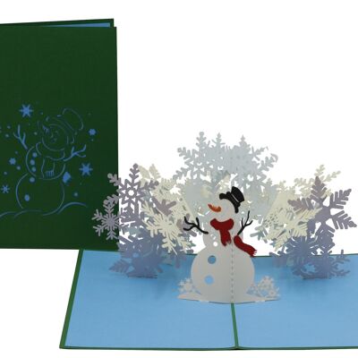 Bonhomme de neige avec carte pop-up flocons de neige