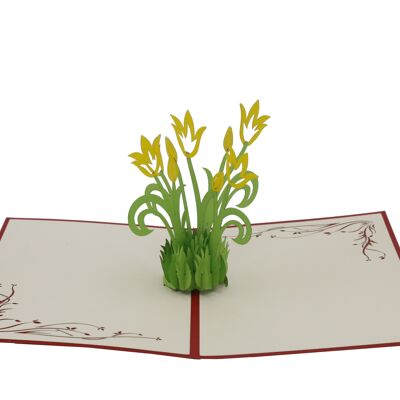 Tarjeta emergente amarilla de tulipanes