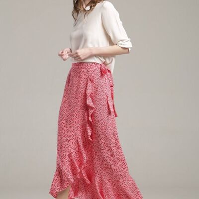 Stella ruffled floral-print wrap skirt in red