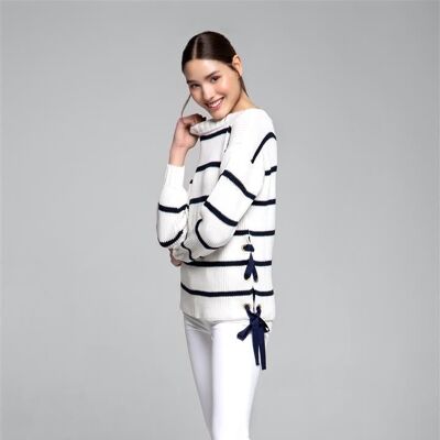 Monaco striped cotton sweater with metal eyelets in cream