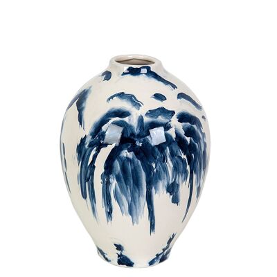 Weiße Keramikvase, blaue Blumen, 22 x 22 x 30 cm, HM22305