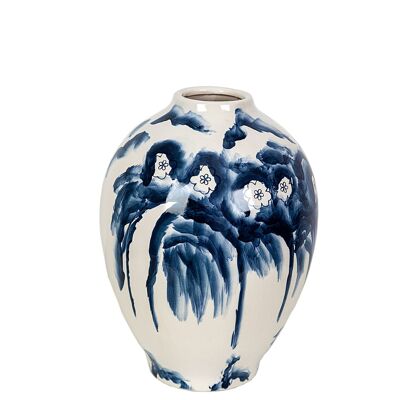 Weiße Keramikvase, blaue Blumen, 18 x 18 x 25 cm, HM22306