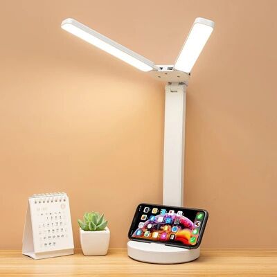 Lámpara de escritorio, 2 brazos, LED, carga USB, control táctil, control de brillo, luz cálida, neutra, fría