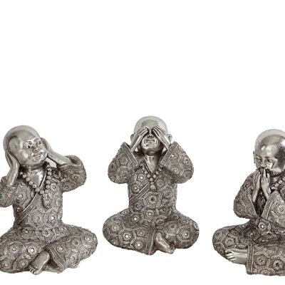 SET 3 MONJES SENTIDOS RESINA PLATEADO 11X10X15CM HM192319