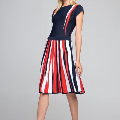 Striped knitted fit and flare dress in navy and red