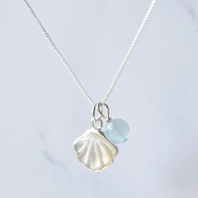 Aquamarine Sea Shell 925 Silver Pendant Necklace