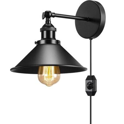 Modern Black Plugin Wall Light Fitting Cone Metal Shade Indoor Sconce Light For Home Office/Study, Kitchen, Living Room, Lounge, Patio, Playroom, Porch, Terrace