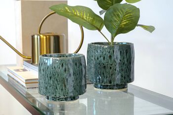 Pot de fleurs en céramique à motif écaille de tortue | Style contemporain | Pot à pied fait à la main | Finition émaillée en vert 2
